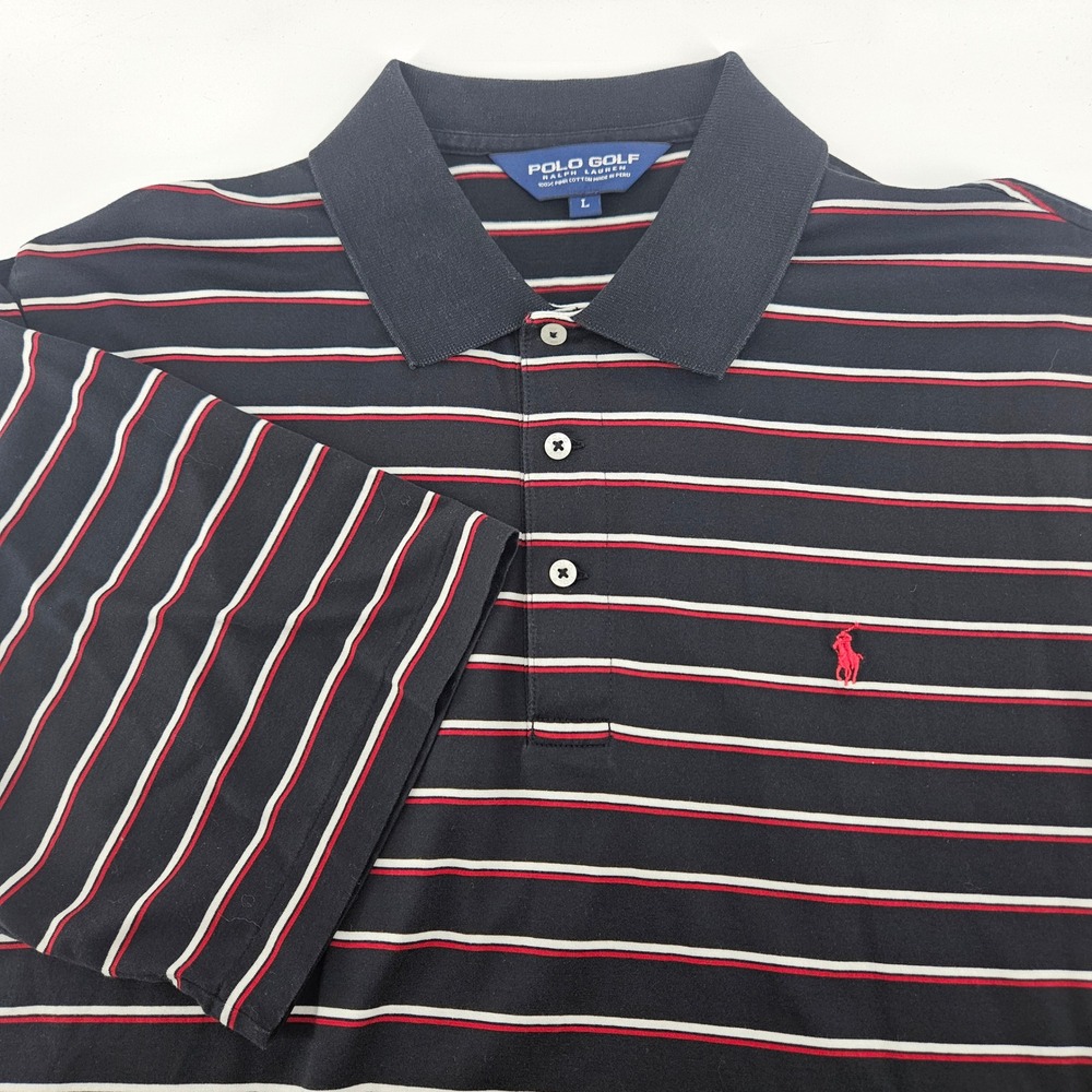 Polo Golf Ralph Lauren Mens Large Navy Blue Striped Pima Cotton Polo Shirt